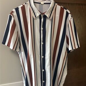SHEIN Men's Striped Shirt - White, Brown, and Blue